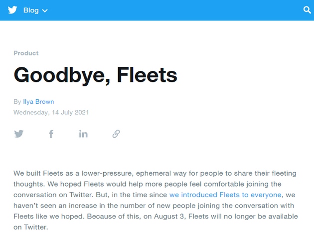 Twitter定于8月3日正式关闭阅后即焚的Fleet功能